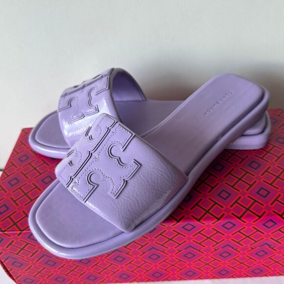 NIB TORY BURCH Double T Sport Slide Sandals Lavender Cloud Size 7 & 8.5 - Picture 2 of 5